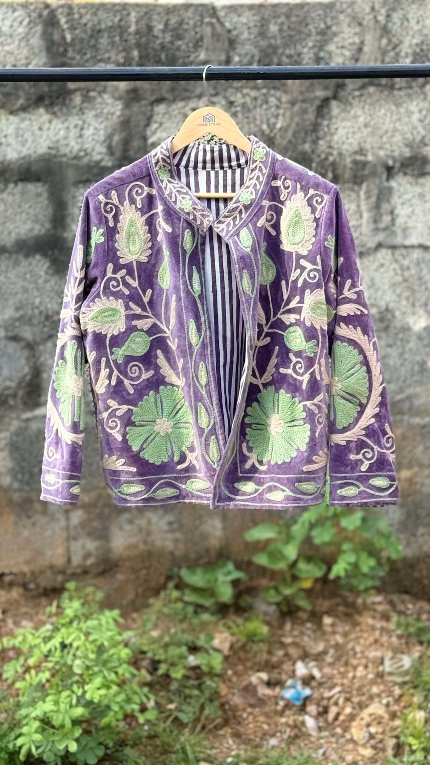 Womens Purple Velvet Embroidered Jacket with Floral Design